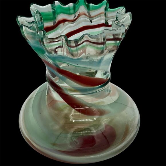 Vtg. Murano Hand Blown Swirl Glass Vase with‎ a Ruffled/Wavy Edge Made In Italy - Picture 1 of 9